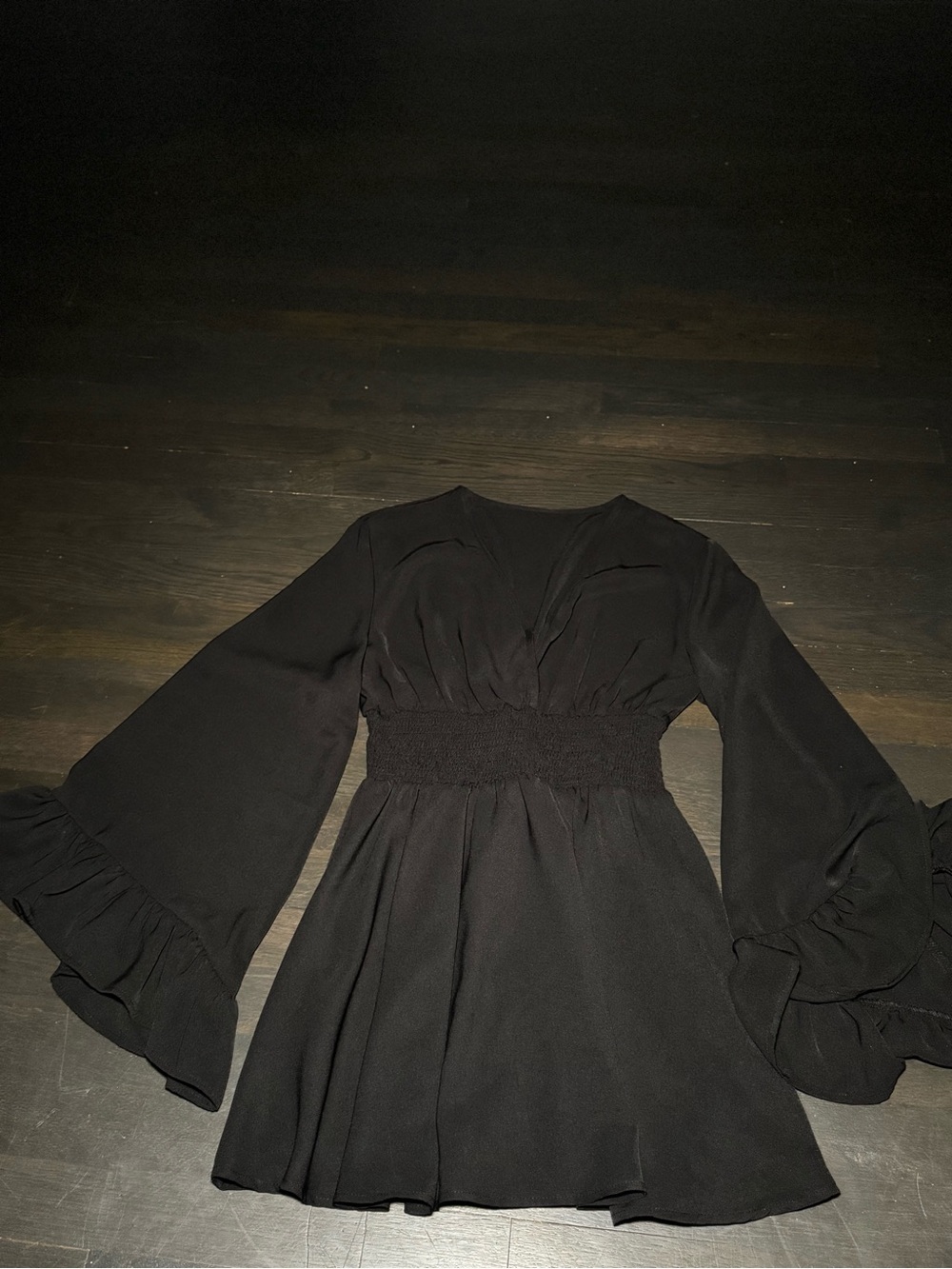 Black Long-Sleeve Ruffled Waist Dress